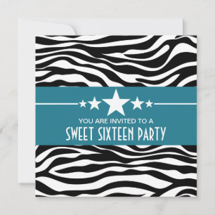 Invitación Blue Stars Zebra Print Sweet 16 Invite