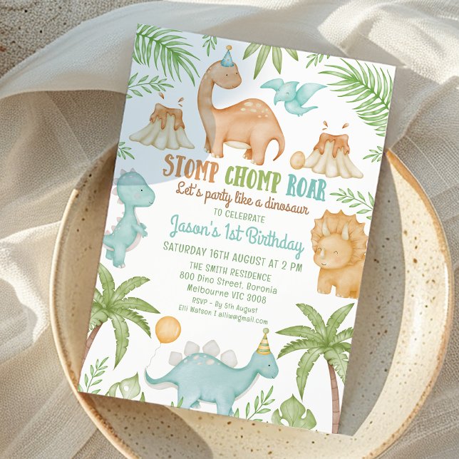 Invitación Blue Stomp Chomp Roar Fiesta como el cumpleaños de (Cute Boys Dinosaur Themed Birthday Invitation Stomp Chomp Roar Party Like Dinosaur 1st Birthday)