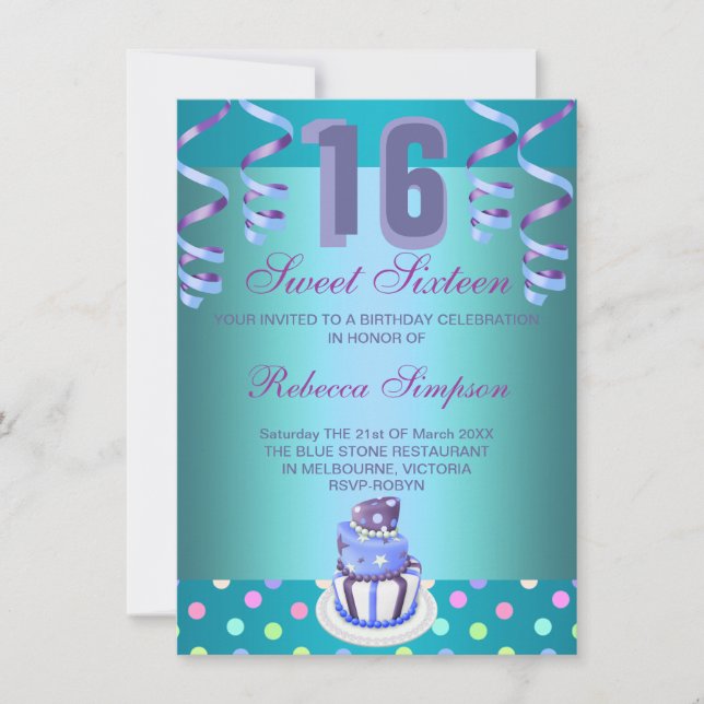 Invitación Blue Streamers & Cake Sweet 16 cumpleaños Invite (Anverso)