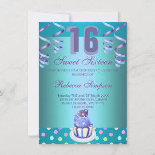 Invitación Blue Streamers & Cake Sweet 16 cumpleaños Invite
