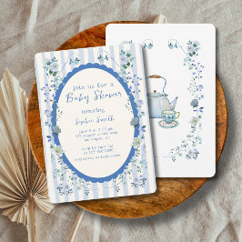 Invitación Blue Stried Garden Watercolor Wreath Baby Shower