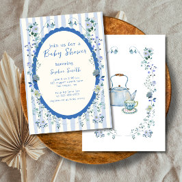 Invitación Blue Stried Garden Whimsical Wreath Baby Shower