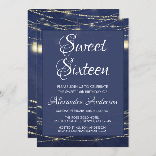 Invitación Blue String Light Mason Jar Sweet 16 Cumpleaños (Anverso / Reverso)