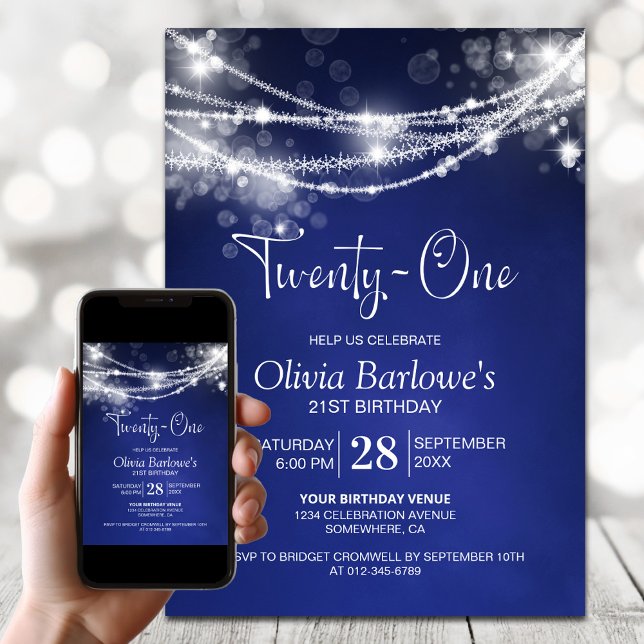 Invitación Blue String Lights 21st Birthday Fiesta (Subido por el creador)