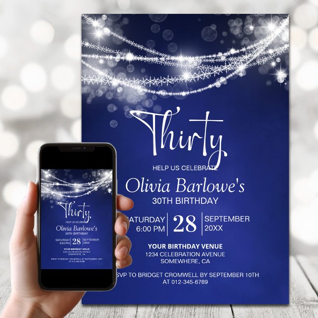 Invitación Blue String Lights 30.º Fiesta de cumpleaños (Subido por el creador)