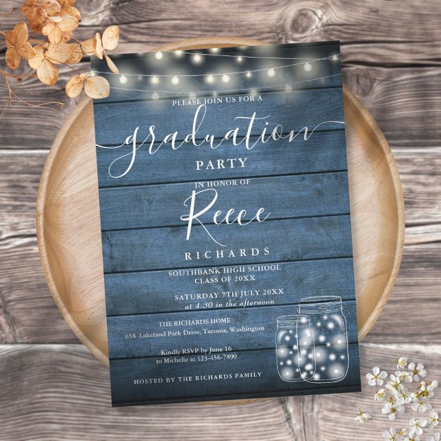 Invitación Blue String Lights Mason Jars Script Graduación (Subido por el creador)