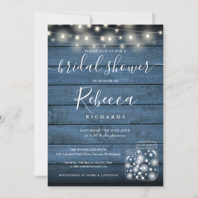 Invitación Blue String Lights Mason Jars Script Shower (Anverso)