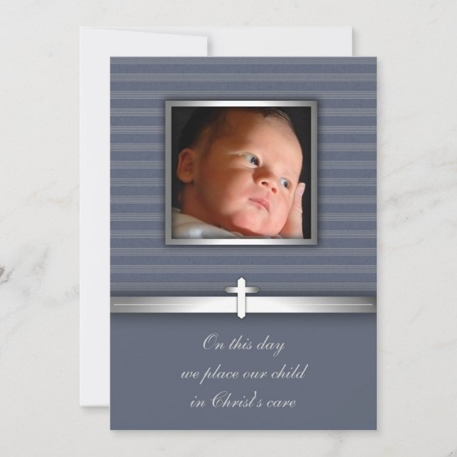 Invitación Blue Stripe Baby Boy Foto Christening (Anverso)