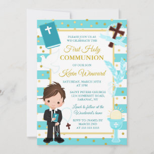 Invitación Blue Stripe Brunette Boy First Holy Communición