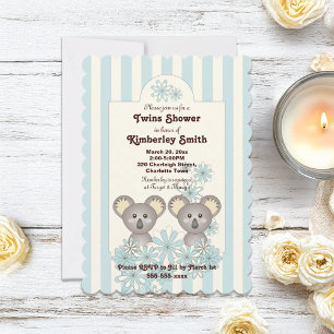 Invitación Blue Stripe Cute Koala Twin Boy Baby Shower