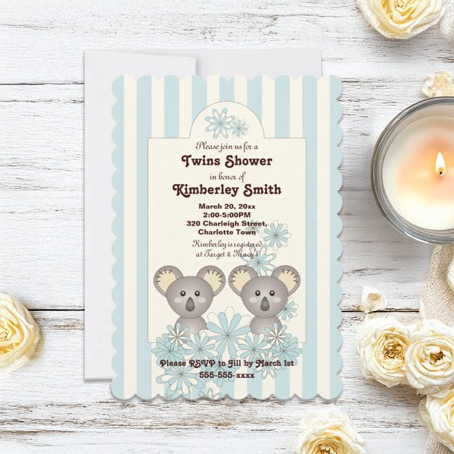 Invitación Blue Stripe Cute Koala Twin Boy Baby Shower (Subido por el creador)