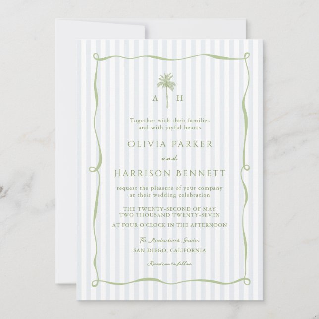 Invitación Blue Stripe Palm Tree Tropical Wedding Invitation (Anverso)