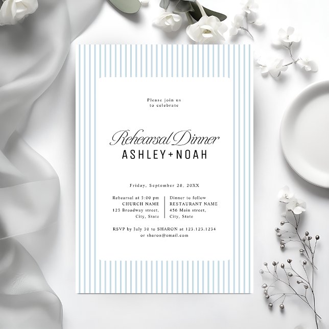 Invitación Blue Striped Elegance Classy Rehearsal Dinner (Blue Striped Elegance Classy Rehearsal Dinner Invitation)