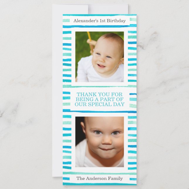 Invitación Blue Stripes Baby Boy Foto De Primer Cumpleaños Gr (Anverso)