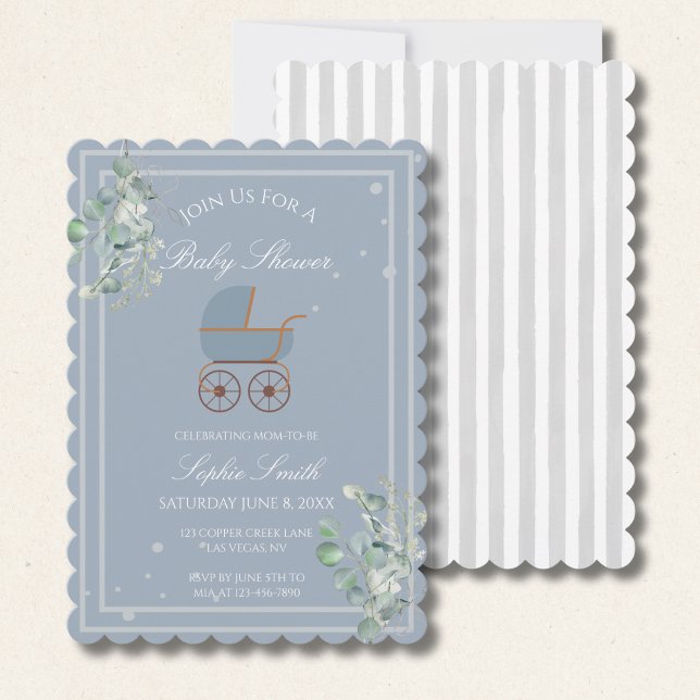 Invitación Blue Stripes Baby Carriage Baby Shower Scalloped (Subido por el creador)