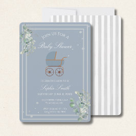 Invitación Blue Stripes Baby Carriage Eucalyptus Baby Shower