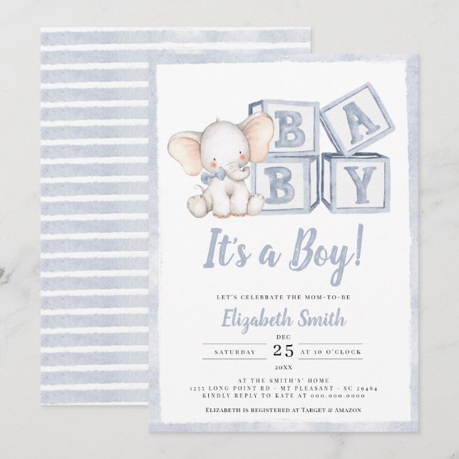 Invitación Blue Stripes Boy Elephant Peanut Baby Shower (Anverso / Reverso)
