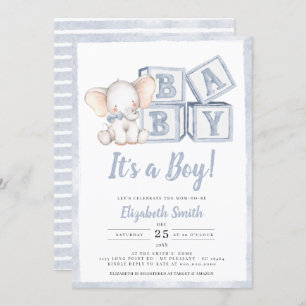 Invitación Blue Stripes Boy Elephant Peanut Baby Shower