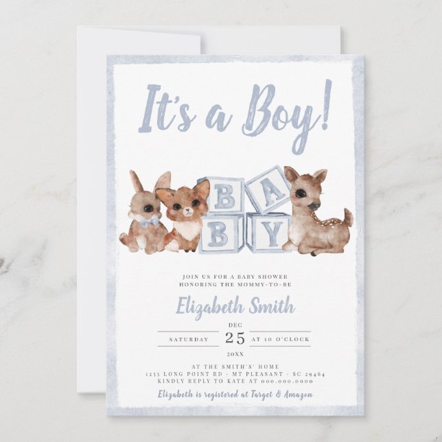 Invitación Blue Stripes Boy Woodland Animals Baby Shower (Anverso)