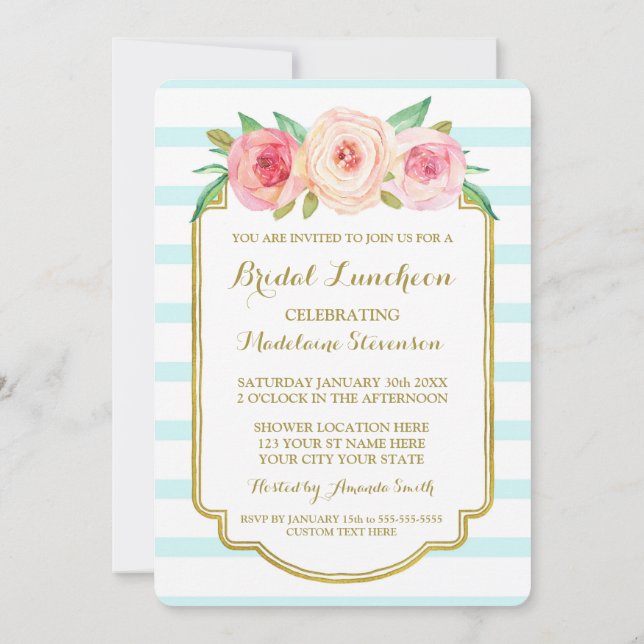 Invitación Blue Stripes Gold Comida de novia floral rosa (Reverso)