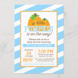 Invitación Blue Stripes Gold Little Pumpkin Fall Baby Shower