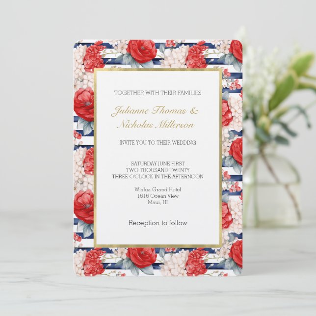 Invitación Blue Stripes Red White Floral Wedding (Anverso de pie)