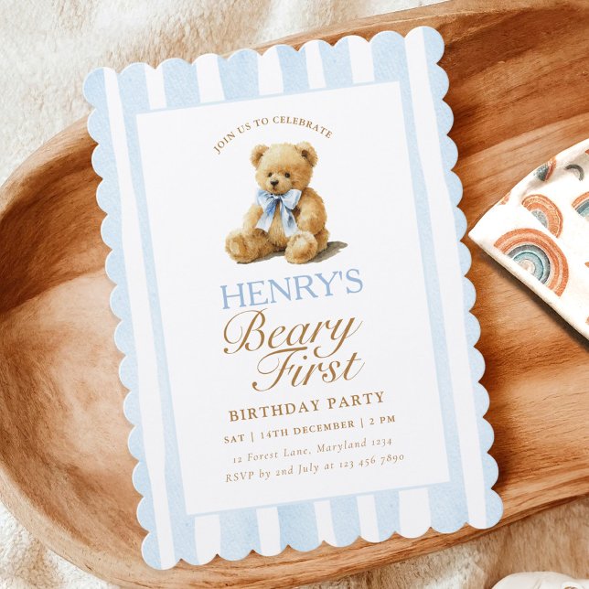 Invitación Blue Stripes Teddy Bear 1st Birthday (Subido por el creador)