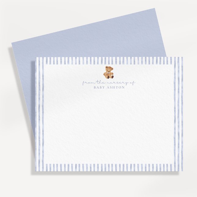 Invitación Blue Stripes Teddy Bear Nursery Note Card (Subido por el creador)