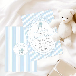Invitación Blue Stroller Baby Carriage Bow Preppy Boy Shower