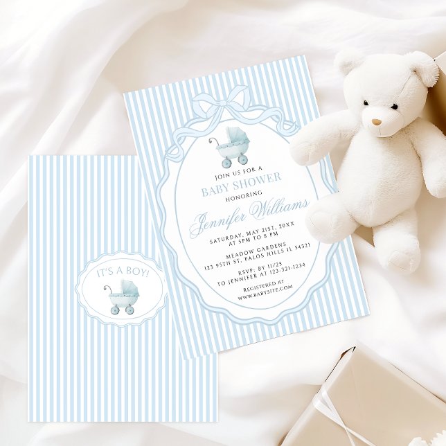 Invitación Blue Stroller Baby Carriage Bow Preppy Boy Shower (Subido por el creador)
