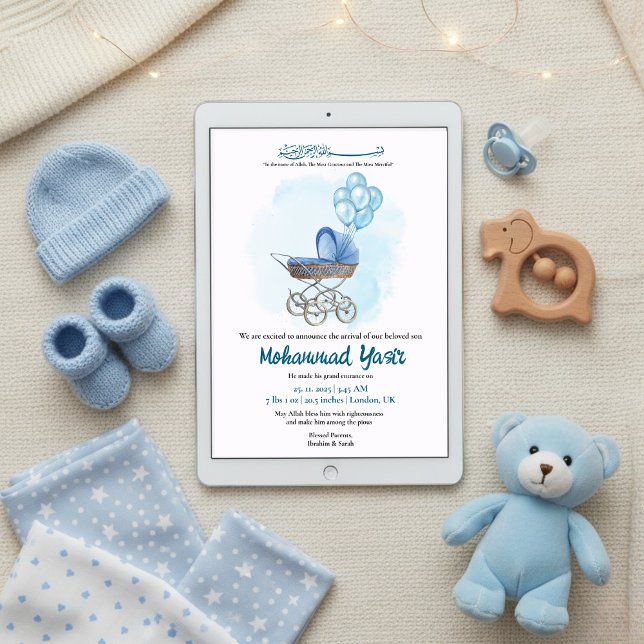 Invitación Blue stroller balloon muslim baby boy birth (Subido por el creador)