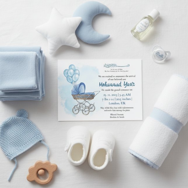 Invitación Blue stroller balloon muslim baby boy birth invita (Subido por el creador)