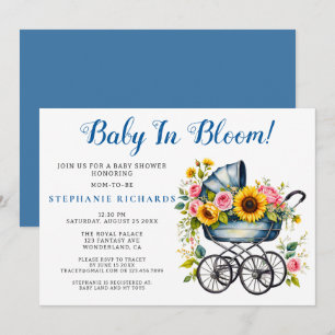 Invitación Blue Stroller Floral Baby In Bloom Baby Shower