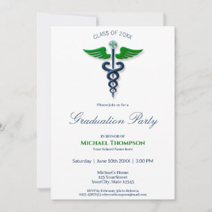 Invitación Blue Stylish Medical Caduceus Green Wings Cross