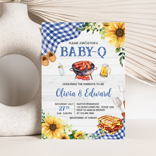 Invitación Blue Sunflower BBQ Baby Shower (Boy Picnic Backyard Baby Shower Invitation)