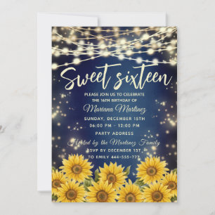 Invitación Blue Sunflower String luces brillo de oro