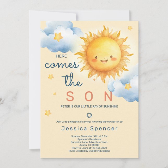 Invitación Blue Sunshine Sun Here Comes the Son Baby Shower (Anverso)