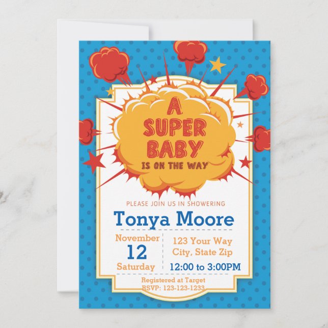 Invitación Blue Super Baby Shower (Anverso)