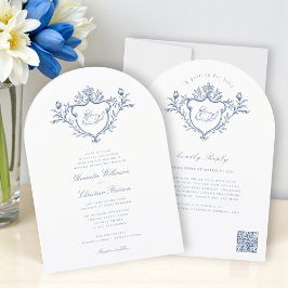Invitación Blue Swan Crest Toile Wedding All in One 