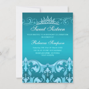 Invitación Blue Sweet16 Damask & Tiara Birthday Invite