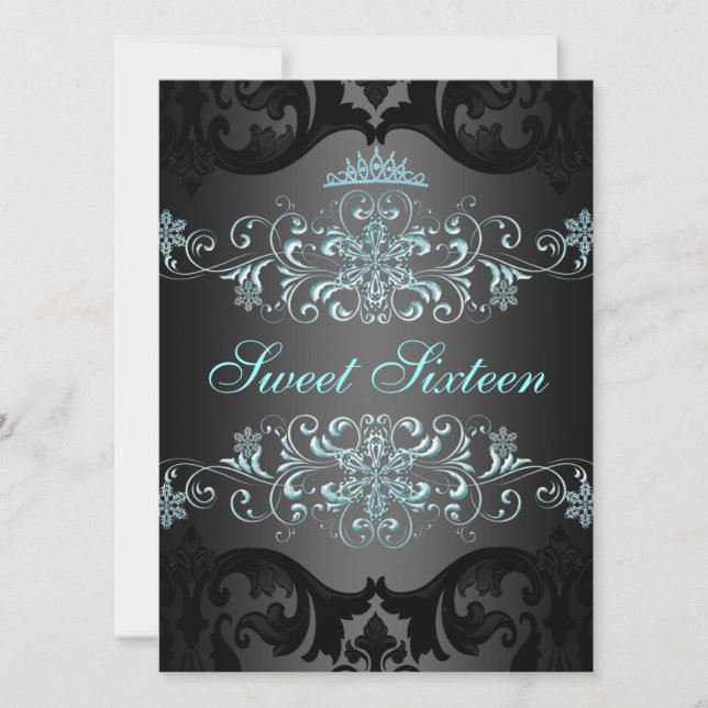 Invitación Blue Sweet16 Elegant Tiara Damask Invite de cumple (Anverso)