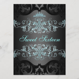 Invitación Blue Sweet16 Elegant Tiara Damask Invite de cumple