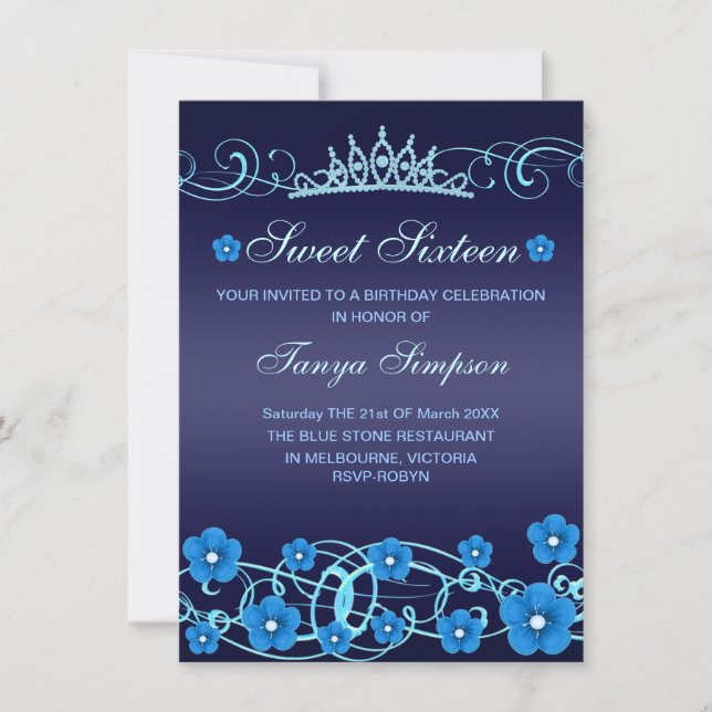Invitación Blue Sweet16 Flower & Tiara Birthday Invite (Anverso)