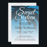 Invitación Blue Sweet 16 16th Birthday<br><div class="desc">Moda moderna de diseño de color azul tropical oscuro Invitación dulce de 16 años con fondo de palmera. El azul intenso de la Ibiza desciende sobre un fondo blanco. El texto "Sweet Sixteen" (Dieciséis Dulces) en blanco está definido en un guión moderno. Elegante invitación a la fiesta de cumpleaños número...</div>
