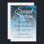 Invitación Blue Sweet 16 16th Birthday<br><div class="desc">Moda moderna de diseño de color azul tropical oscuro Invitación dulce de 16 años con fondo de palmera. El azul intenso de la Ibiza desciende sobre un fondo blanco. El texto "Sweet Sixteen" (Dieciséis Dulces) en blanco está definido en un guión moderno. Elegante invitación a la fiesta de cumpleaños número...</div>