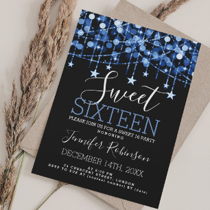 Invitación Blue Sweet 16 Birthday Sparkly String Lights
