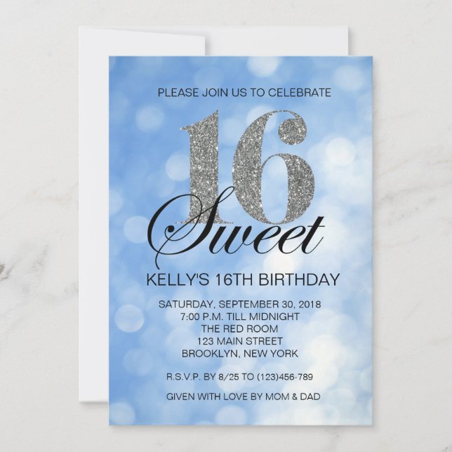 Invitación Blue Sweet 16 Silver Purpurina Lights Invitation (Anverso)