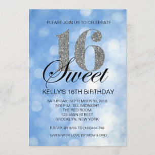 Invitación Blue Sweet 16 Silver Purpurina Lights Invitation