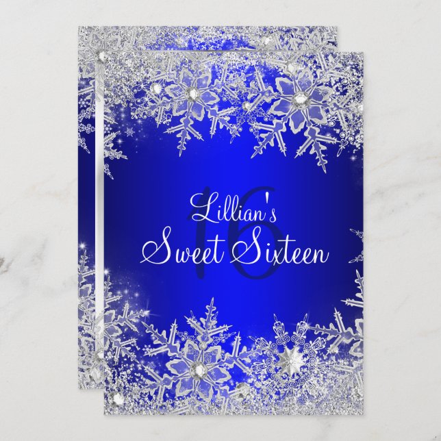 Invitación Blue Sweet 16 Snowflake Winter Wonderland (Anverso / Reverso)