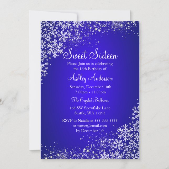 Invitación Blue Sweet 16 Winter Wonderland Sparkle Snowflakes (Anverso)